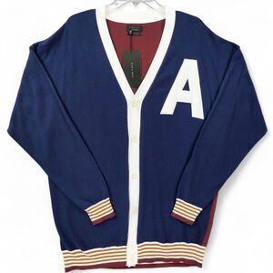 ZARA MAN Varsity Letter Cardigan Large Navy Blue Burgundy Colorblock Sweater